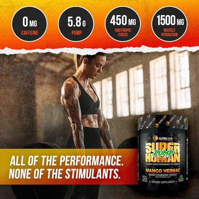 ALPHA LION Superhuman Pump Pre Workout Powder, Nootropic Caffeine & Stim Free Preworkout Supplement, Nitric Oxide Booster, Muscle Gainer, Energy & Focus (42 Servings, Mango Veiniac Flavor)