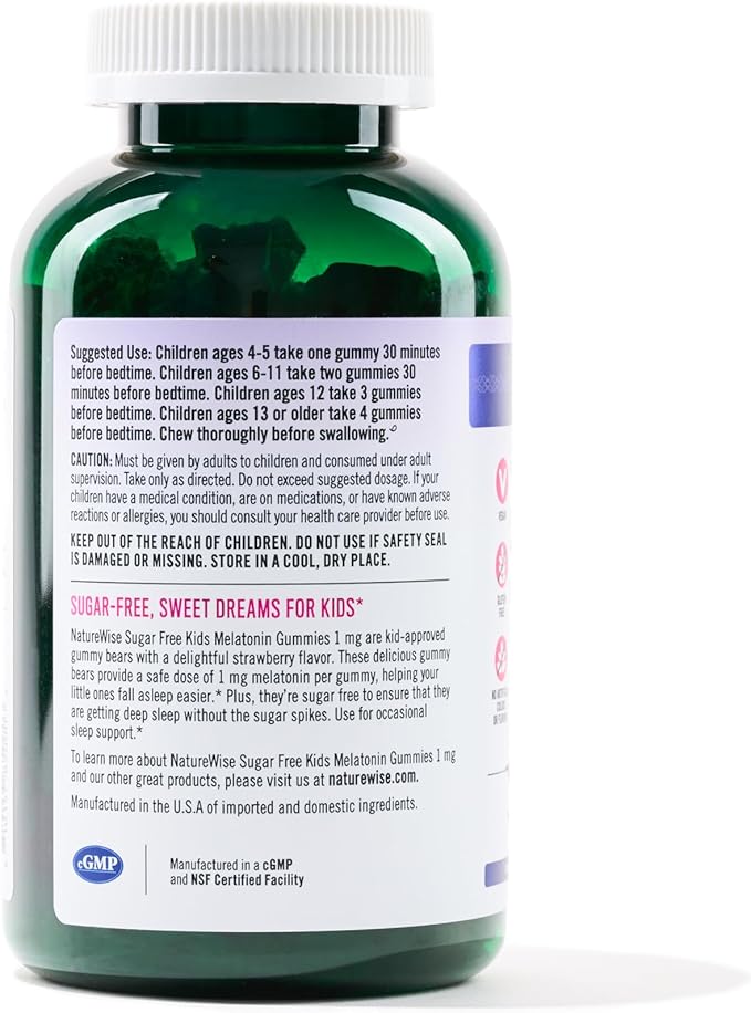 NatureWise Kids Melatonin 1 mg Sugar-Free Gummies for Children Ages 4 & Up - Non-Habit Forming Sleep Aid - Strawberry Flavored - Vegan, No Gluten, Non-GMO - 180 Count[6-Month Supply]