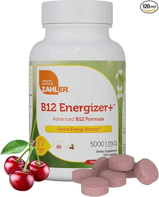 Zahler Energizer+ Vitamin B12-5000 mcg Vitamin B12 - Natural Cherry Flavor Dissolvable Lozenges - Kosher Gluten Free Non-GMO B12 Vitamins 5000 mcg, Energy Boost, Made in USA (120 Count)