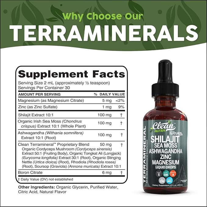 Clean Nutraceuticals Shilajit Liquid Drops with Sea Moss, Ashwagandha, Zinc, Magnesium, Liquid Vitamins for Women and Men - Terra Mineral