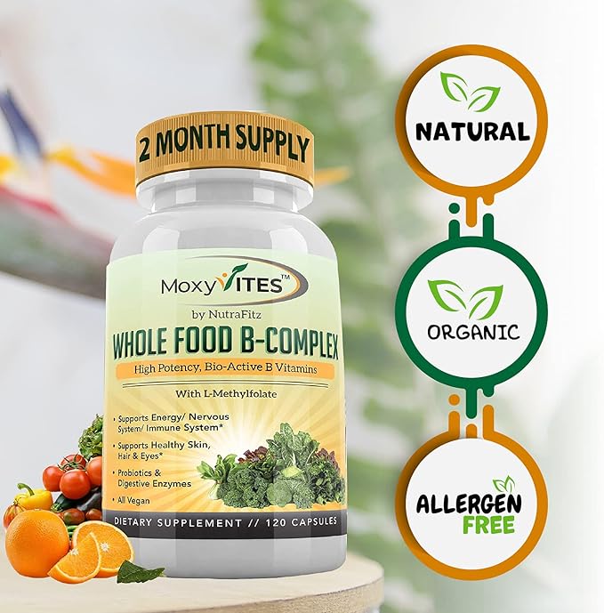 Vitamin B Complex - B Vitamins Whole Food Supplement, B12 Methylcobalamin, B1, B2, B3, B5, B6, B7, B9 - for Stress, Energy and Immune Support, Vegan, 120 Capsules