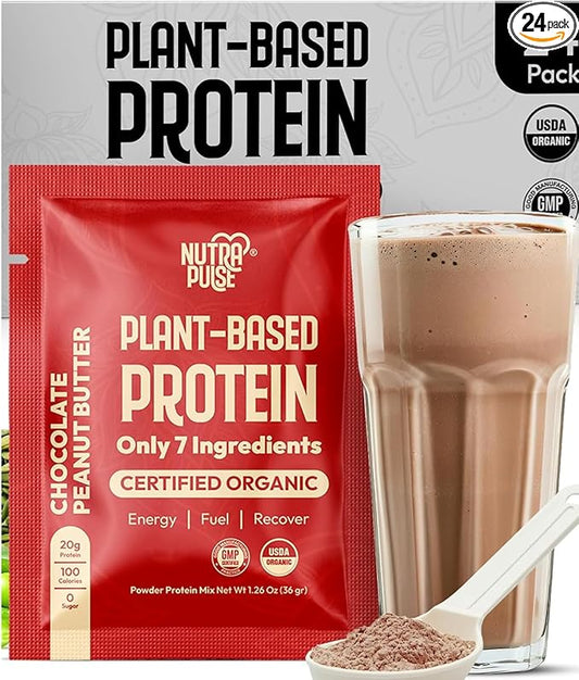 Organic Vegan Protein Powder Sample Pack – Chocolate Peanut Butter Flavor – 36g Plant-Based Protein Per Serving – Gluten-Free, Dairy-Free, Non-GMO – Ideal for Smoothies & Shakes – 24 Pack