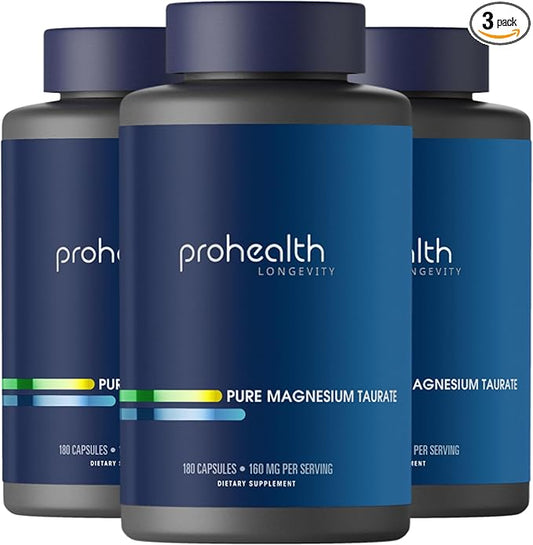 ProHealth Pure Magnesium Taurate, 160mg per Serving | Optimal Bioavailability Supplement for Healthy Aging | Supports Brain, Heart, and Muscle Health | Third-Party Tested | 180 Capsules (3 Pack)