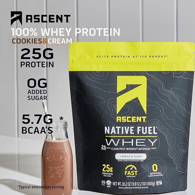 Ascent 100% Whey Protein Powder - Post Workout Whey Protein Isolate, Zero Artificial Flavors & Sweeteners, Gluten Free, 5.5g BCAA, 2.6g Leucine, Essential Amino Acids, Cookies & Cream 1.7 lb