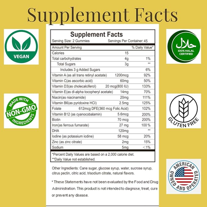 Halal Prenatal and Postnatal Vitamins for Women, Womens Multivitamin Gummies, Gelatin Free with Iron DHA Folate and folic Acid, Vegan Prenatal Vitamin Gummy, Pregnancy Must Haves, 90 Count
