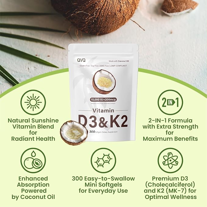 300 Pcs 2 in 1 Vitamin D3 10000 iu Plus K2 (MK-7) 200 mcg Virgin Coconut Oil Softgels with Vitamins D & K Supports Calcium Absorption, Bone, Immune, & Heart Health – Easy to Swallow