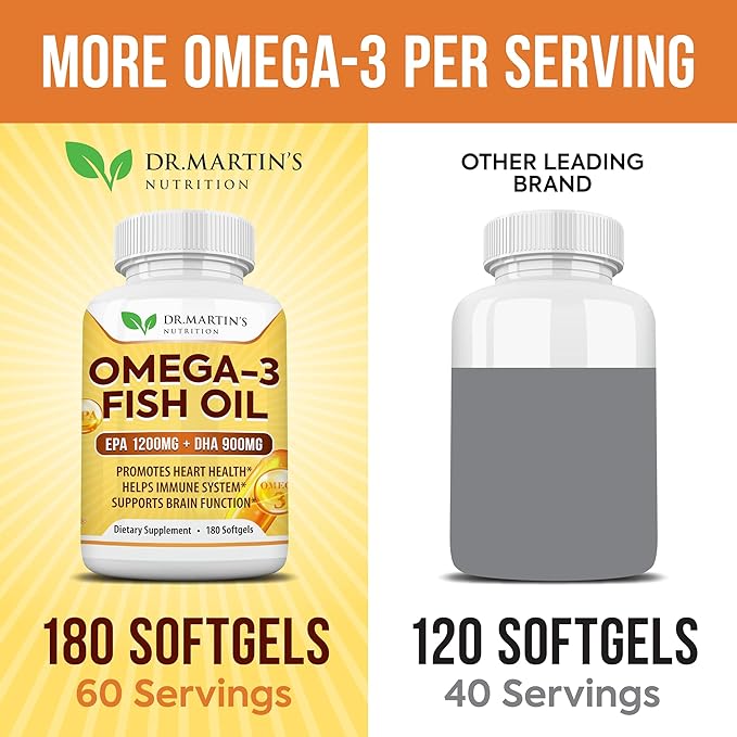 Omega 3 Fish Oil 3750mg Triple Strength | EPA 1200mg + DHA 900mg Fatty Acids | Fish Oil Omega 3 Supplement | Promotes Healthy Heart, Immune System, Eyes, Skin & Brain Function | 180 Burpless Softgels
