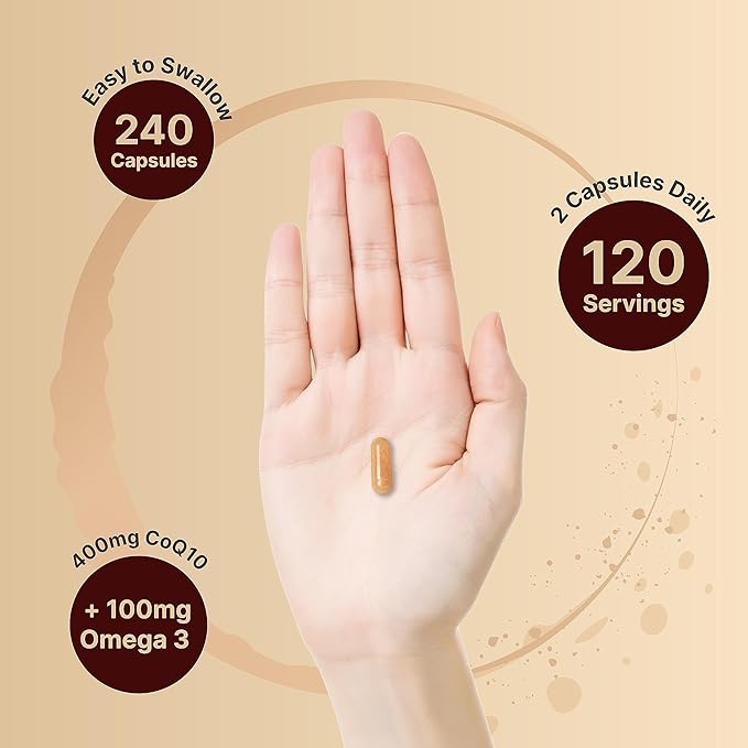 NatureBell CoQ10 400mg with Omega 3 Fatty Acids, 240 Capsules | Stable High Absorption Form – Antioxidant Support for Heart & Energy Health – Extra Strength Coenzyme Q10 Supplement