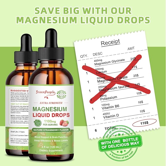 Magnesium Glycinate Liquid Drop - 17-in-1 Triple Absorption Magnesium Supplement with Magnesium Glycinate 400mg & Citrate 500mg for Calm Mood/Muscle & Sleep,4 fl. oz Strawberry Flavor