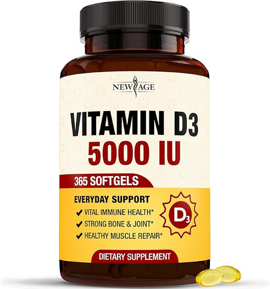 NEW AGE Vitamin D3 5000 IU 125mcg Softgels - Support Immune Support, Strong Bone Health - Non-GMO, Gluten-Free, Dairy-Free,1 Year Supply (360 Softgels (Pack of 1))