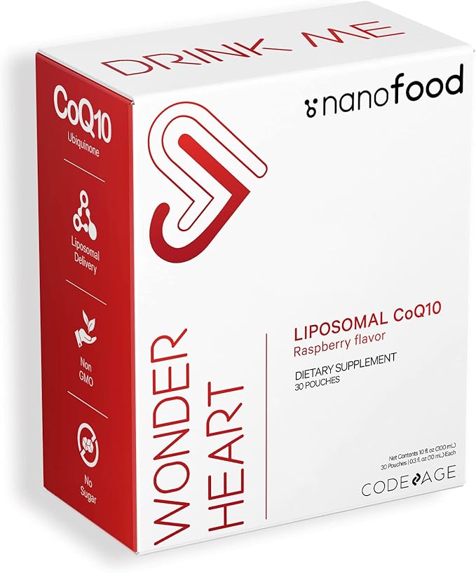 Codeage Wonder Heart Liquid CoQ10 Liposomal Ubiquinone Supplement, Coenzyme Q10 Heart Vitamins, Non-GMO Sunflower Phosphatidylcholine Vegan Blend, Raspberry Flavored Softgel, Pack of 30 Pouches
