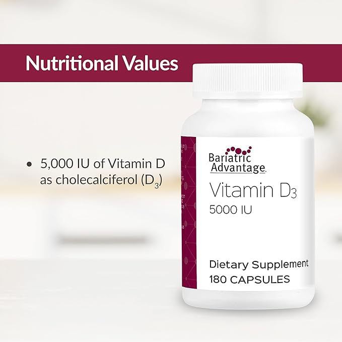 Bariatric Advantage Vitamin D3 5,000 IU - Bariatric Vitamin D - Water-Miscible - Bone Strength Support* - Vitamin D Capsule - Easy Swallow Capsule - for Bariatric Patients - 180 Count