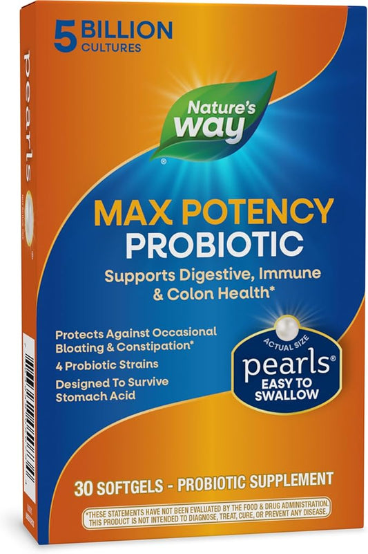 Nature's Way Max Potency Probiotic Pearls for Men and Women, Supports Digestive, Immune, Colon Health*, 5 Billion Live Cultures, No Refrigeration Required, 30 Softgels (Packaging May Vary)