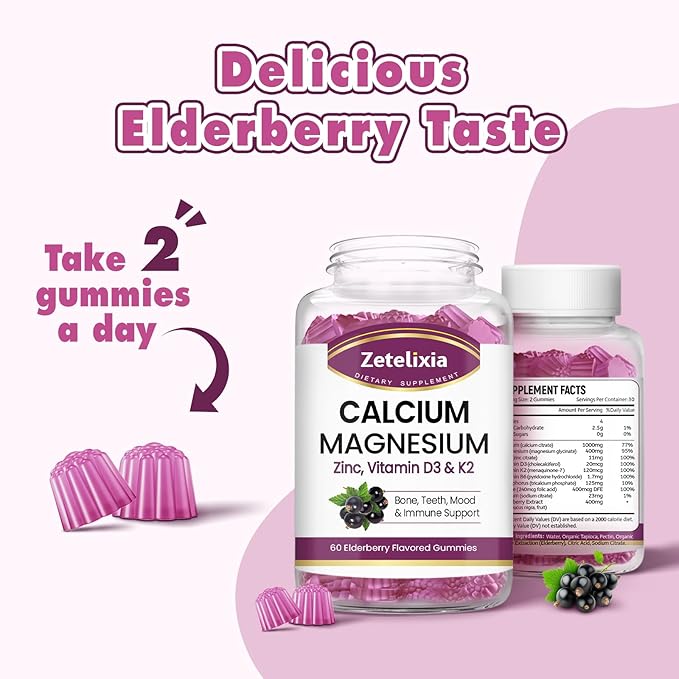 Calcium Gummies with D3, Calcium Magnesium Supplement with Glycinate,Potassium,Vitamin D3 & K2, &Whole Natural Food for Bone & Immune Support- 120 Chewable Gummy Elderberry Flavor
