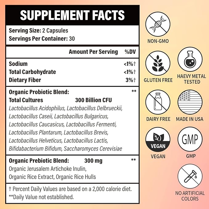 300 Billion CFU Probiotics - Probiotics for Women and Men, 12 Probiotic Strains Plus Prebiotic, for Immune & Digestive, Gut Health, Gas Bloating, Shelf Stable - 60 Caps