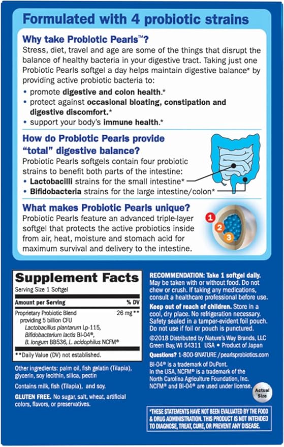 Nature's Way Max Potency Probiotic Pearls for Men and Women, Supports Digestive, Immune, Colon Health*, 5 Billion Live Cultures, No Refrigeration Required, 30 Softgels (Packaging May Vary)