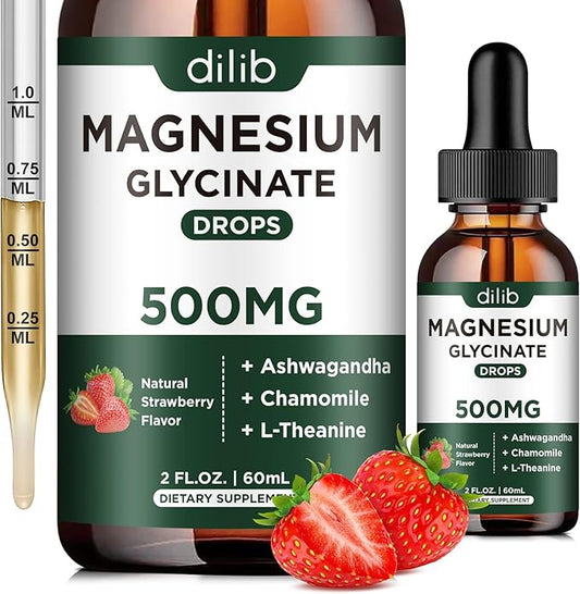 Magnesium Glycinate Supplement, Magnesium Liquid Drops with Magnesium Glycinate 500mg Ashwagandha, L - Theanine, Chamomile -Support Stress Relief, Bone, Muscle, Mood Vegan Natural Strawberry Flavor