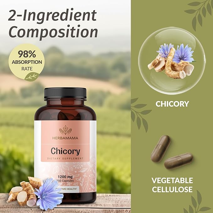 HERBAMAMA Chicory Root Fiber Capsules - 1200mg Chicory Root Powder for Gut Cleanse & Digestive Support - Vegan, Non-GMO Inulin Prebiotic Fiber Supplement, 250 Caps