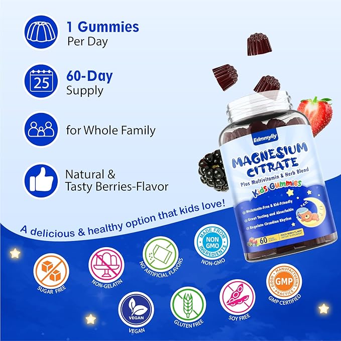 Magnesium Gummies for Kids 4+ - Sugar Free Magnesium Citrate Supplement with L-Theanine, Calcium and Vitamin A, C, D3 & K2 - Supports Zzz, Bone & Muscle