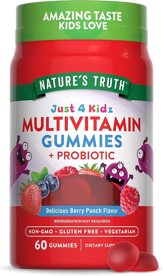 Nature's Truth Kids Multivitamin Gummies with Probiotics | 60 Count | Berry Punch Flavor | Vegetarian, Non-GMO, and Gluten Free Supplement