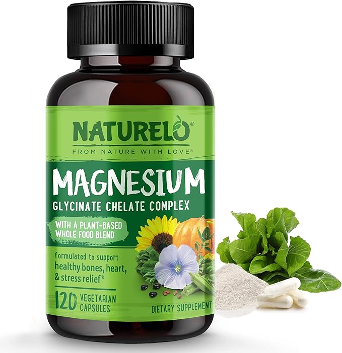 NATURELO Magnesium Glycinate Chelate Complex - 200 mg Magnesium with Organic Vegetables to Support Sleep, Calm, Muscle Cramp & Stress Relief - Gluten Free, Non GMO - 120 Capsules