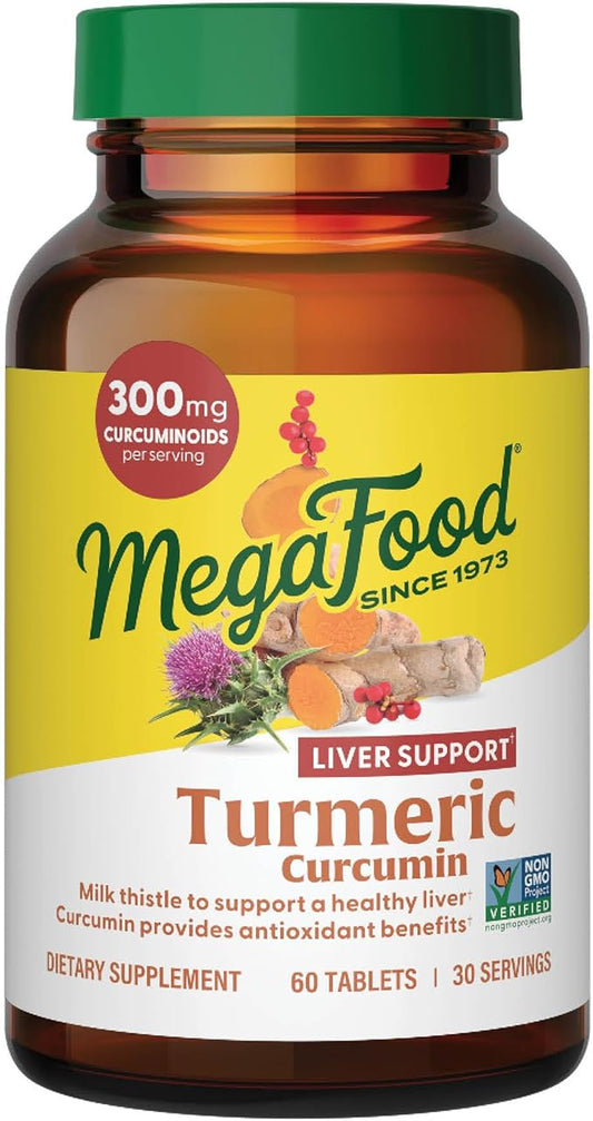 MegaFood Turmeric Curcumin Extra Strength - Liver Support - Turmeric Curcumin with Black Pepper and Milk Thistle Extract - Vegan - Made Without 9 Food Allergens - 60 Tabs (30 Servings)