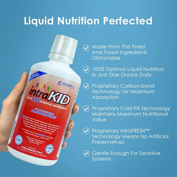 DRUCKER Labs 2.0 Organic Liquid Trace Minerals, Liquid Multivitamin for Kids, Immune Support, Non GMO, Dairy Free, Gluten Free, Magnesium, Vitamin D, C, E, Zinc, (32 oz., Fruity Raspberry)