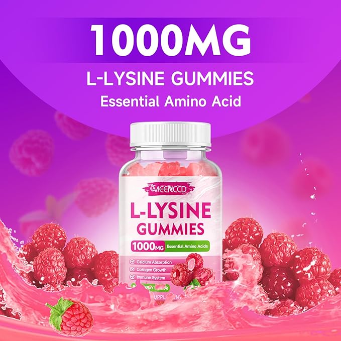 2 Pack L-Lysine 1000mg Gummies, Lysine Supplement for Adults & Kids, Essential Amino Acid for Lips & Oral Health, Boost Immune & Collagen & Calcium, Sugar-Free, Raspberry Flavor, 120 Count