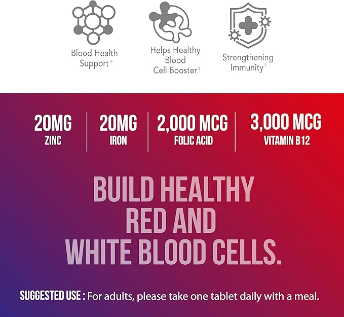 Mega Blood Booster - Dietary Supplement for White and Red Blood Cell Support with Iron, Selenium, Zinc, Vitamin B12 & Folic Acid - 90 Tablets, 90 Day Supply