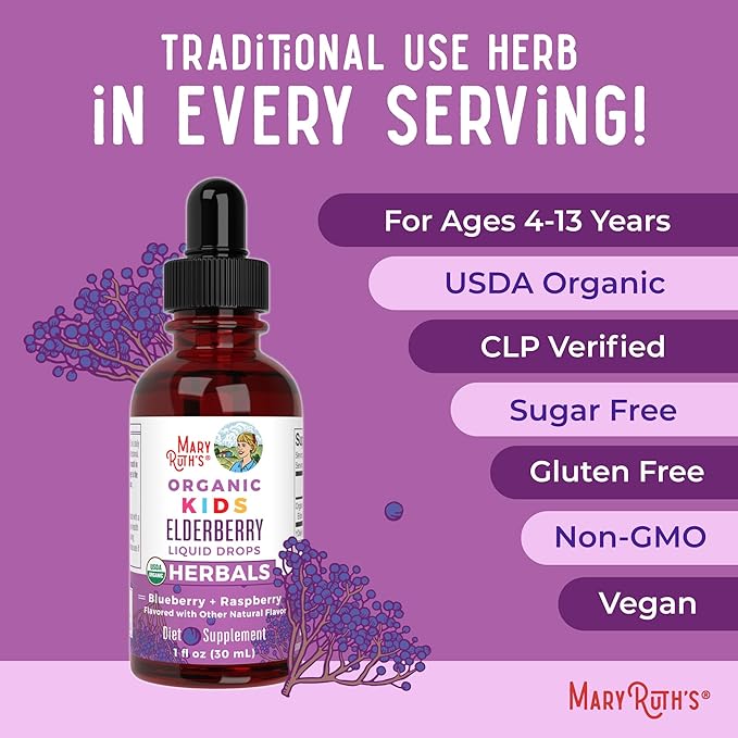 MaryRuth Organics USDA Organic Elderberry Liquid Drops for Kids | Vegan Elderberry Extract Organic Glycerin | Immune Support Supplement | Overall Health | Formulated for Ages 4-13 | 1oz