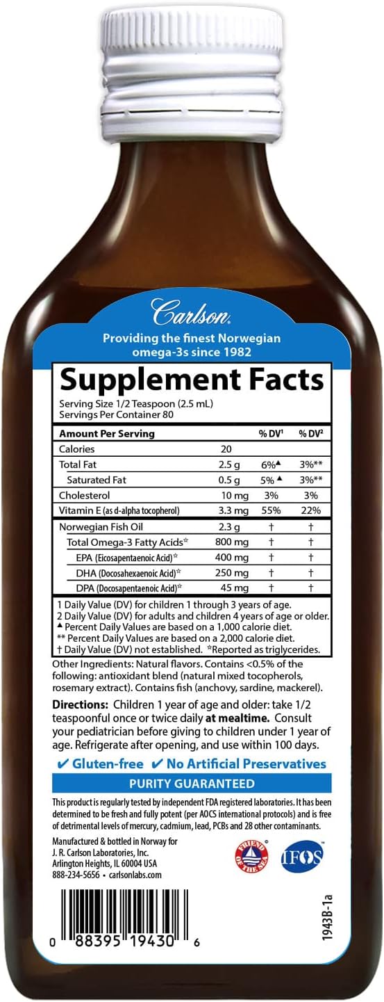 Carlson - Kid's The Very Finest Fish Oil, 800 mg Omega-3s, Liquid Fish Oil Supplement, Norwegian Fish Oil, Wild-Caught, Sustainably Sourced Fish Oil Liquid, Just Peachie, 200 mL (6.7 Fl Oz)