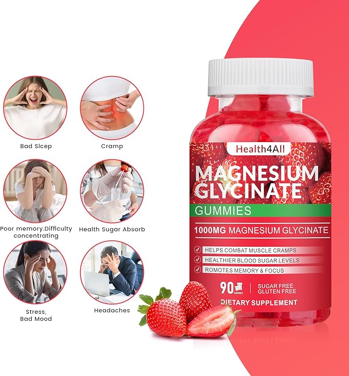 Magnesium Glycinate Gummies 1000mg, High Absorption Sugar Free Magnesium Potassium Supplement for Relaxation, Stress Relief, and Sleep Support for Adults & Kids - 90 Strawberry Gummies