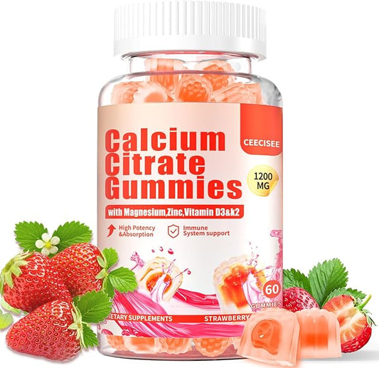 Calcium Citrate Gummies 1200mg for Adults: Ultimate Absorption Calcium Magnesium D3 K2 Supplement for Women & Men - Supports B0ne Strength, Immune(60Count)