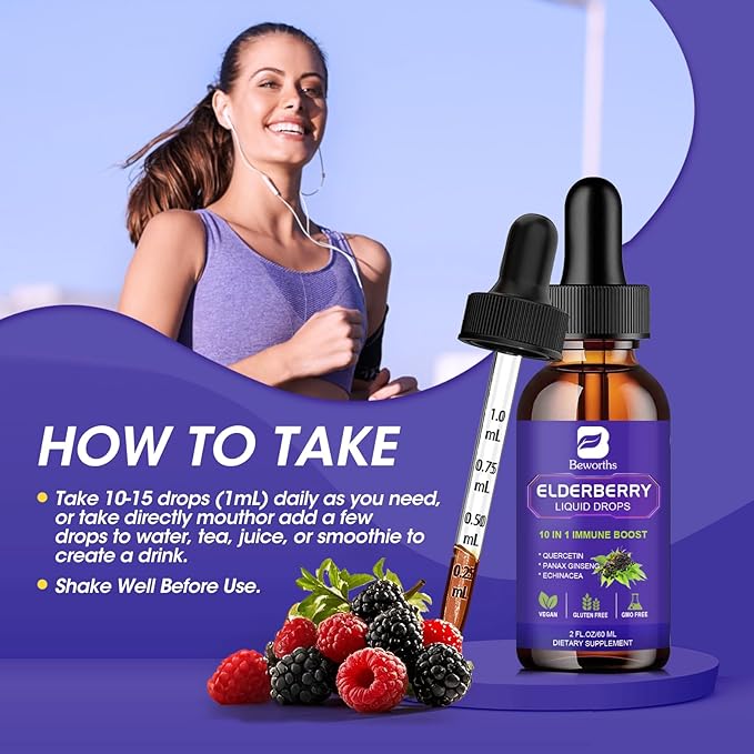 Elderberry Syrup Black Elderberry Drops with Quercetin, Panax Ginseng, Vitamin C and Zinc, Sambucus Elderberry Syrup Liquid, Vegan, Non-GMO & Gluten Free