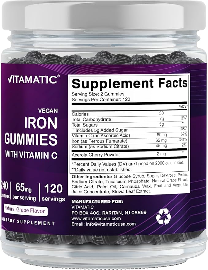 Vitamatic Iron 65 mg Gummies Supplement for Women & Men - 240 Vegan Gummies - Great Tasting Iron Gummy Vitamins with Vitamin C