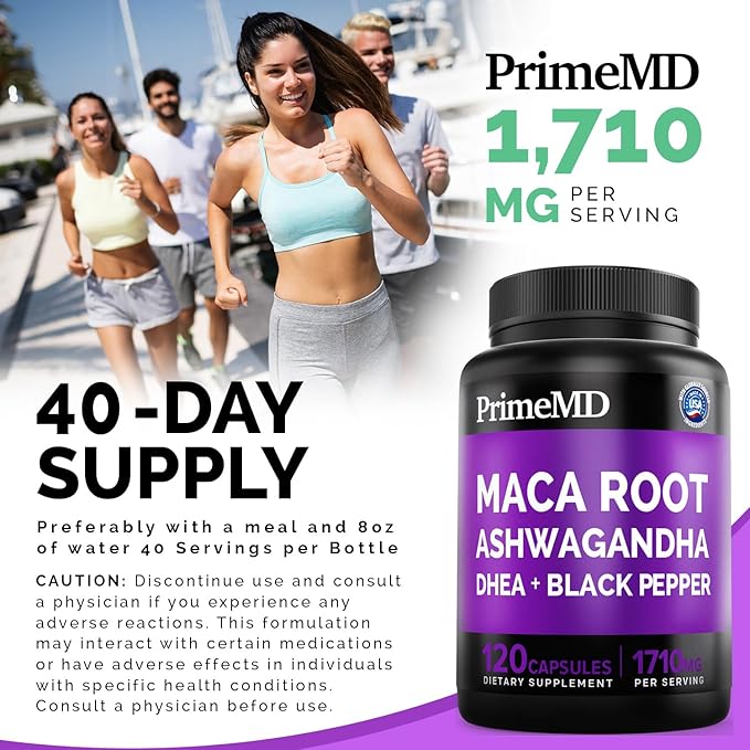 6-in-1 Organic Maca Root Ashwagandha Capsules 1710mg with DHEA and Black Pepper Fruit Extract for Women and Men - Black Maca Supplement for Stamina, Bone and Mood Support Supplement, 120 count
