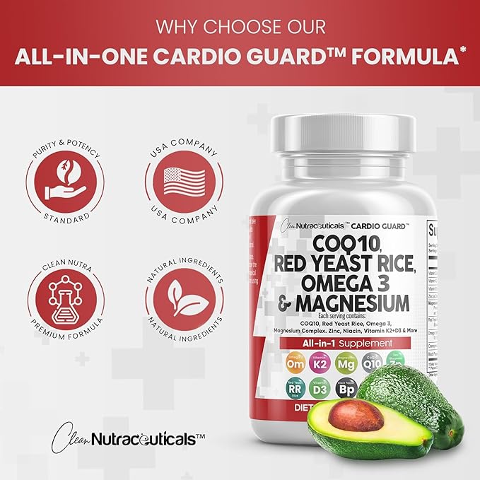 Clean Nutraceuticals COQ10 Red Yeast Rice Omega 3 Magnesium Complex Niacin Zinc Vitamin K2 D3 - Heart Support Vitamins for Women & Men w/Vitamin B3, Coenzyme Q10-60 Ct