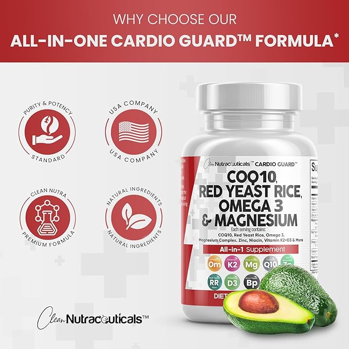 Clean Nutraceuticals COQ10 200mg Red Yeast Rice Omega 3 Magnesium Complex 500mg Niacin Zinc Vitamin K2 D3 - Heart Support Vitamins for Women & Men w/Vitamin B3, Coenzyme Q10-60 Ct