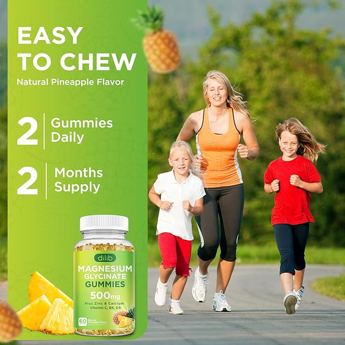Magnesium Glycinate Gummies 500mg Magnesium Supplement with Calcium, Zinc, Vitamin C, B6, D3-Calm Chewable Gummies for Kids & Adults-Sleep, Mood & Muscle Support-Pineapple Flavor, 60 Gummies