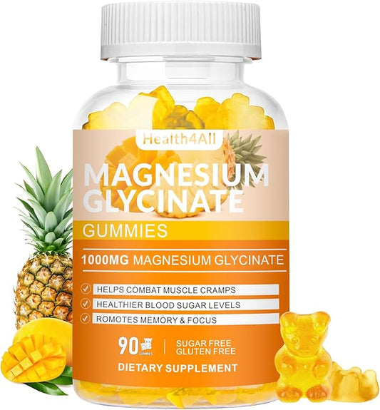 Magnesium Glycinate Gummies 1000mg, High Absorption Sugar Free Magnesium Potassium Supplement for Relaxation, Stress Relief, and Sleep Support for Adults & Kids - 90 Mango Pineapple Gummies