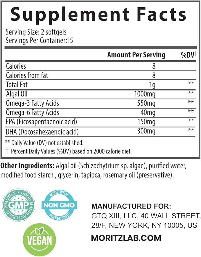DR. MORITZ Vegan Omega 3 DHA & EPA Supplement - Algae Omega-3 Fatty Acids 1000mg - Fish Oil Alternative for Heart, Brain, Joint, Immune System Support 30 Count(Pack 1)