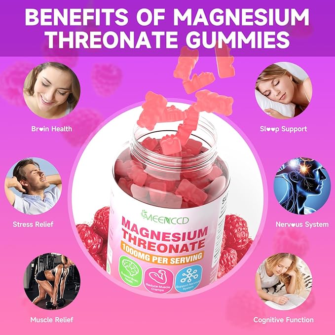 2 Pack Magnesium Threonate Gummies 1000mg, Magnesium L-Threonate Supplement for Kids & Adults, Muscle & Nervous System Support, Non-GMO, Sugar-Free, Raspberry Flavor, 120 Count
