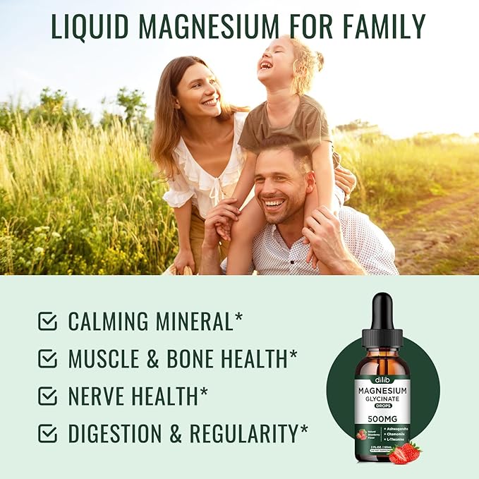 Magnesium Glycinate Supplement, Magnesium Liquid Drops with Magnesium Glycinate 500mg Ashwagandha, L - Theanine, Chamomile -Support Stress Relief, Bone, Muscle, Mood Vegan Natural Strawberry Flavor