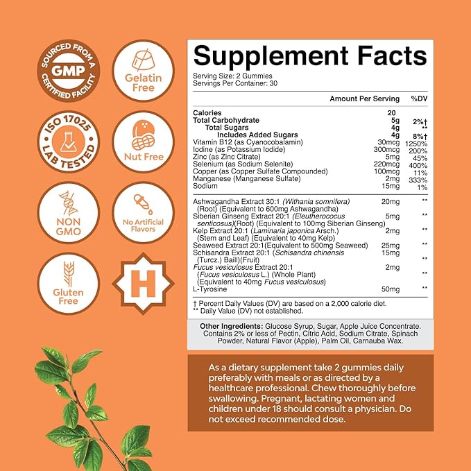 Vegan Thyroid Gummies with Sea Moss - Thyroid Support Gummies for Comprehensive Thyroid Support for Men and Women with Iodine Selenium and Other Potent Vitamins - Gelatin-Free Non-GMO - 60 Gummies