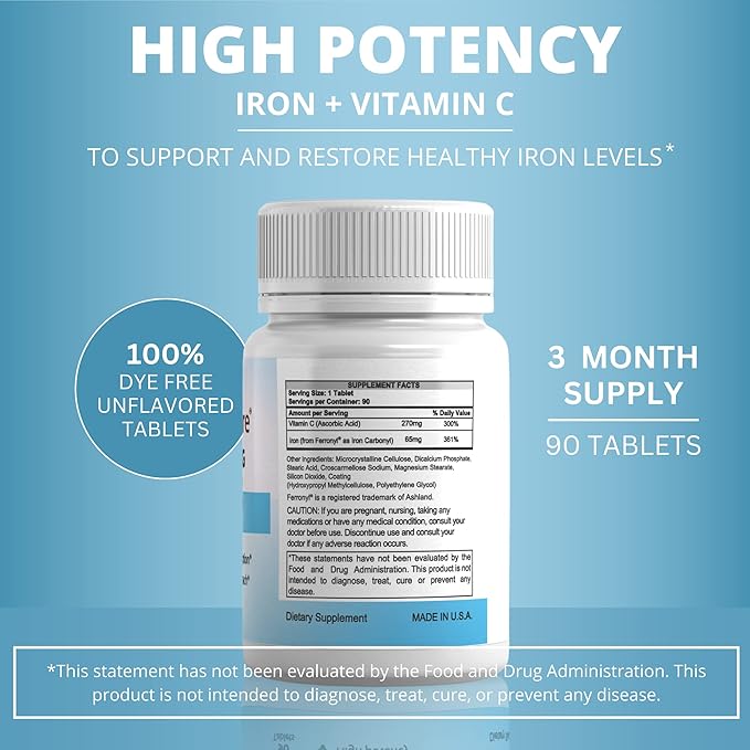 Carbonyl Iron Tablet 65 mg with 270 mg Vitamin C |90 Days Supply | for Women/Men | High Potency Bariatric Vitamins for WLS Patients Including Gastric Bypass | Dye Free (Pack of 1)