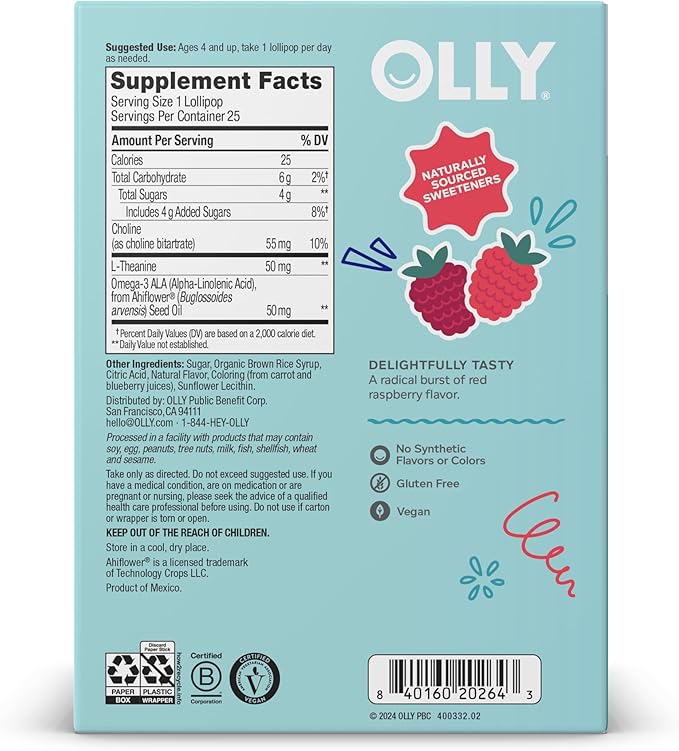 OLLY Mellow Buddies L’OLLY Pops, Omega-3 ALA, L-Theanine, Choline, Kids Dietary Supplement Lollipops, Supports a Calm Mood & Healthy Brain Function, Vegetarian, Raspberry Flavored, 25 Count
