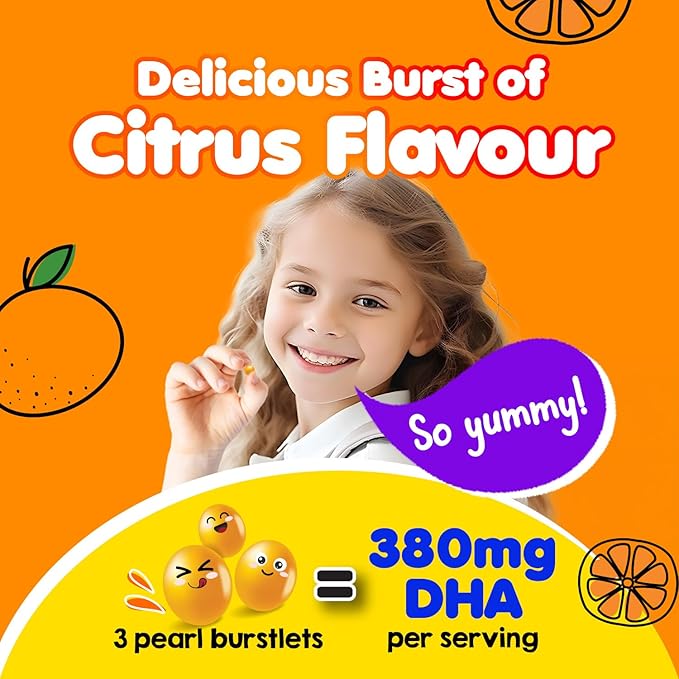 LABO Nutrition I My Kids Brain & Bones Chewable Burstlet, Gluten Free, for Stronger Bones & Behavioral Management, 76% Ultra-Concentrated rTG Form Omega 3 DHA Fish Oil, Vitamin D3 & K2, Orange