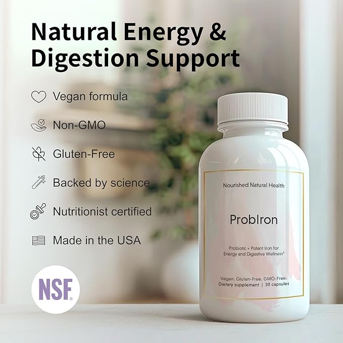 Nourished Natural Health ProbIron - Women's Probiotic + Iron Supplement Boosted with Vitamin C and Copper - Vegan Formula for Energy and Digestive Wellness - 30 Capsules