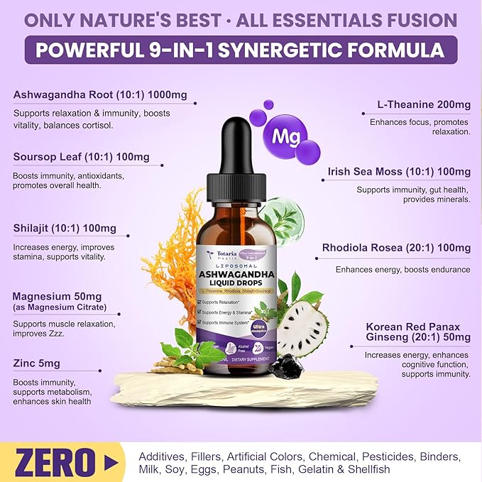 Liposomal Ashwagandha Liquid Drops (7% Withanolides) w/Soursop Bitters, L-Theanine, Magnesium, Shilajit, Maximum Absorption, Natural Energy, Cortisol Health for Women & Men, Non-GMO, 2 Fl Oz