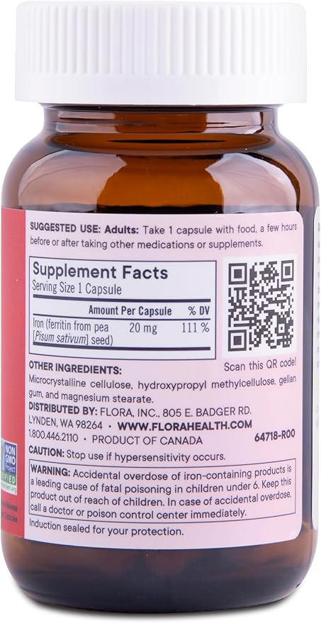 Flora Ferritin+ Delayed-Release Iron Supplement - Plant-Based Iron Supplement - Blood Cell & Energy Support - Vegan & Gluten-Free - Amber Glass Bottle - 30 Vegan Capsules